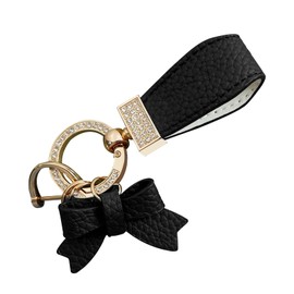 Flygun 1 PC Bling Car Bow Leather Keychain, Rhinestone Keychain Decoration, Universal for Car Handbag Pendant (Gold & Black)