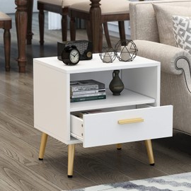 ECACAD Modern Nightstand with Drawer and Open Shelf, Bedside Table End Side Table with Gold Metal Legs for Bedroom, Living Room, White (19.5”L x 15.6”W x 20”H)