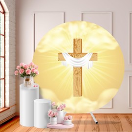 CHNYWORK 7.2ftx7.2ft Holy Cross Round Backdrop Cover Wooden Jesus Crucifix Holy Light He is Risen Easter Lord Pray Resurrection Circle Background Religious Church Events Party Decor Props