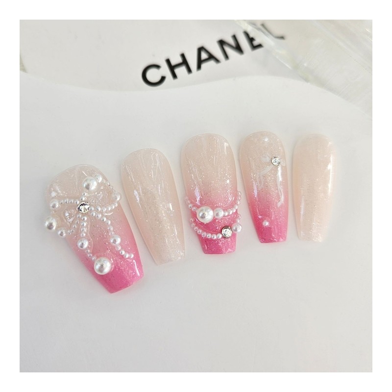Pearl Ribbon Handmade Nail Tips - Oval / 진주 리본