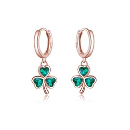 SLUYNZ 925 Sterling Silver Green Heart Clover Dangle Earrings for Women Teens CZ Shamrock Drop Earrings St Patricks Day Earrings (C-ROSE GOLD)