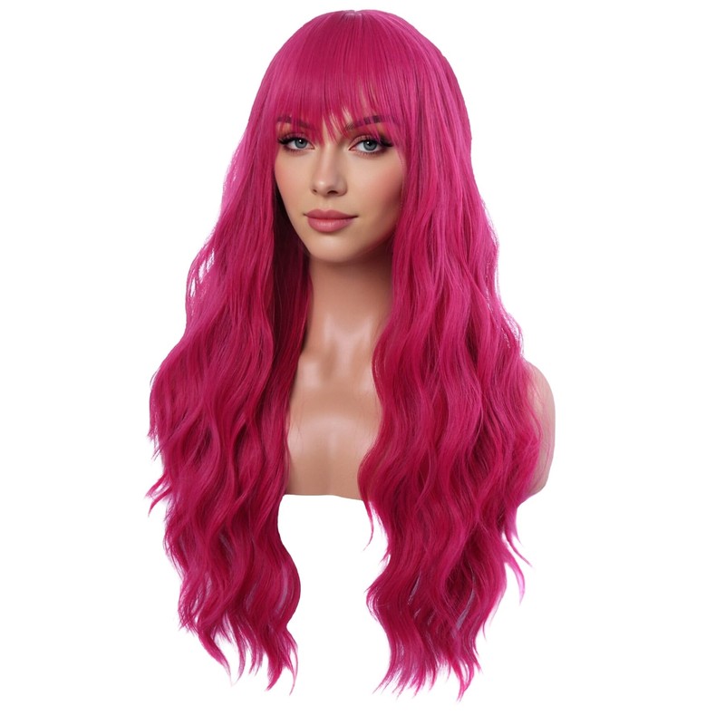 Women Hot Pink Wigs with Bangs Magenta Long Curly Wig