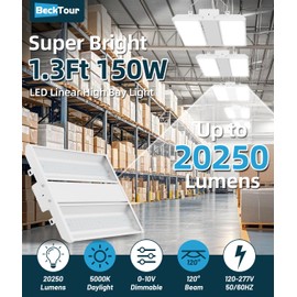 BeckTour 150W LED Linear High Bay Shop Light 2-Pack, 1.3Ft 20250LM 0-10V Dimmable 5000K Daylight 120-277V, High Bay LED Shop Lights for Garage Warehouse Workshop, ETL Listed