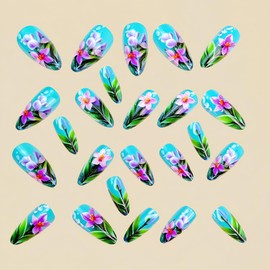 Floral Press on Nails Medium Almond Fake Nails Blue Green French Tip Acrylic Nails with Flowers Designs Cute Artificial False Nails Full Cover Gloss Glue on Nail for Women Girls 24Pcs