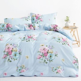 Wake In Cloud - Shabby Chic Comforter Set, Floral Farmhouse Cottagecore Vintage Colorful Pastel Spring Flowers, Soft Lightweight Bedding for Women Girls, 3 Pieces, Blue, Twin/Twin XL Size