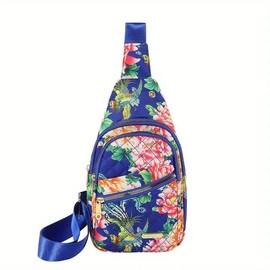Maxoner Stylish Chic Quilted Design Small sling chest bag for women, Trendy multi zipper pockets adjustable crossbody backpack daypack shoulder fanny pack for Travel, Sports, Running, Hiking, and Daily Use - Color: Blue Flowers