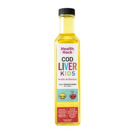 Health Hack Cod Liver Kids | Suplemento para Niños | Aceite de Hígado de Bacalao | Enriquecido con Aceite de Atún | Rico en Omega 3 DHA | Vitaminas A, D y E | Sabor Cereza-Limón | Desarrollo Saludable