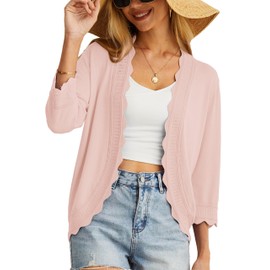 GRECERELLE Womens Lightweight Open Front Cardigan Sweater 3/4 Sleeve Casual Cropped Knit Tops Elegant Shrug for Women Light Pink-L