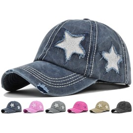 Initlove Ponytail Baseball Cap for Women Star High Messy Bun Caps Washed Cotton Distressed Hats Navy