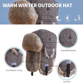 Winter Trapper Hat,100% Real Rabbit Fur Russian Ushanka Aviator Hunting Ski Hat Winter Hat with Ear Flaps for Men Women