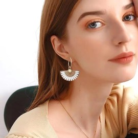 Peasimy Alloy Vintage Drip Oil Colorful Fan Earrings Bohemian Statement Dangle Earrings for Women Unique Party Jewelry (White)