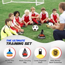 Pro Disc Cones (Set of 50) - Agility Soccer Cones with Carry Bag and Holder for Sports Training, Football, Basketball, Coaching, Practice Equipment, Kids - Includes 15 Best Drills Book (Blue and Red)