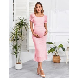 CYCLAMEN Mesh Maternity Dress Cocktail Wedding Guest Baby Shower Pregnancy Shoot Summer Pastel Floral, Short Sleeves, Pink, M