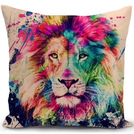 KUNQIAN Lion Cushion Cover Colorful Ornament Lion Animal Pillow Cover Decor for Home Livingroom Couch Bed Sofa Decorate Throw Pillow Case Lion Gift 18"x18"