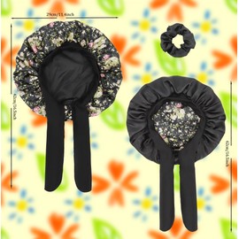 SENGTERM Kids Bonnets for Girls, Double Reversible Silk Hood for Sleeping Satin Bonnet with Wide Elastic Band (Black Flower, One Size)