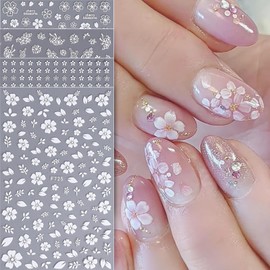 HYWWPFLAY 4 Sheets 3D White Flowers Nail Stickers, Self - Adhesive 3D Spring Nail Art Stickers, White Flower Petals Design Floral Nail Decals for Women Girls DIY Manicure Decor Supplies