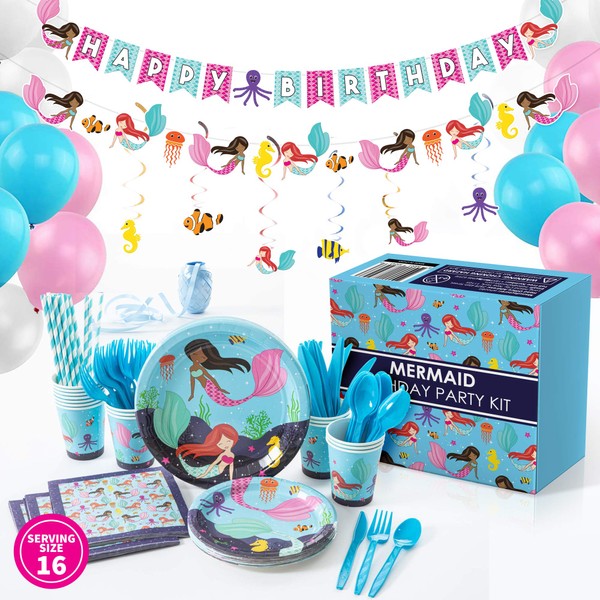 Whoobli Mermaid Party Supplies (Serves 16), Complete Mermaid Birthday Party Supplies- Plate, Cups, Spoons, Fork, Napkins. Mermaid Party Decorations for Little Girls