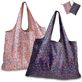 Gokei Eco Bag, 2 Pack, 19.7 x 26.4 inches (50 x 67 cm), Large Capacity, Folding Shopping Bag, Convenience Store Bag, Waterproof Material, Storage, Water and Dirt, Lightweight, Compact, Cherry pattern
