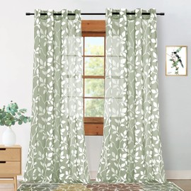 Sage Green Boho Sheer Curtains 84 Inches Long for Living Room,Leaf Tree Branch Vintage Floral Patterned Botanical Natural Window Curtains for Bedroom 2 Panels Set 84 Inch Length,White Light Green