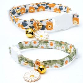 2 Pack Cotton Breakaway Cat Collars with Bell Daisy Pendant Kitty Kitten Collars Green Orange Collar for Female Girl Cats Male Boy Cats
