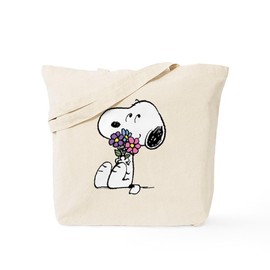 CafePress Snoopy With A Flower Bouquet Natural Canvas Tote Bag, Reusable Shopping Bag