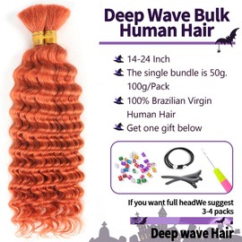 Deep Wave Bulk Human Braiding hair For Boho Braids knotless Micro Curly Wet And Wavy Bundles No Weft 12A Brazilian Remy Human Hair Extensions For Black Women (Deep Bulk - Ginger, 22Inch/100G)