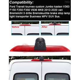 Car Third Roof Top Mount Brake Light 3 Rear View Camera Parking Safety Assistant System, HD Night Vision Waterproof for Ford Transit tourneo Custom Jumbo Kasten V363 F150 F250 F350 V636 MK8 2012-2020