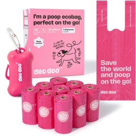 Deo Doo Dog Poop Bags with Handles 9 Rolls 108 Counts Big Sizes Leak Proof and Extra Thick Waste Bags Refill Rolls for Walking Small Medium Large Dogs Cats Litter With Holder Rose Scented