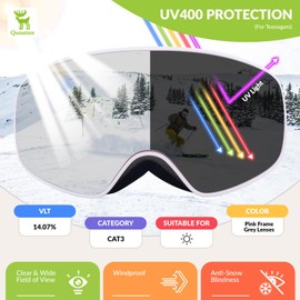 Qunature Ski Goggles Snowboard Goggles Girls/Boys UV Protection Ski Goggles Anti-fog Helmet Compatible Spherical Mirrored Snow Goggles for Teenagers Skiing Snowboarding Pink