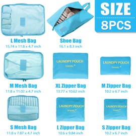 8 Set Packing Cubes for Travel Luggage Packing Bags Reusable Waterproof Suitcase Organizer Cubes Set with Shoe Bag and Toiletry Bag (Sky Blue)