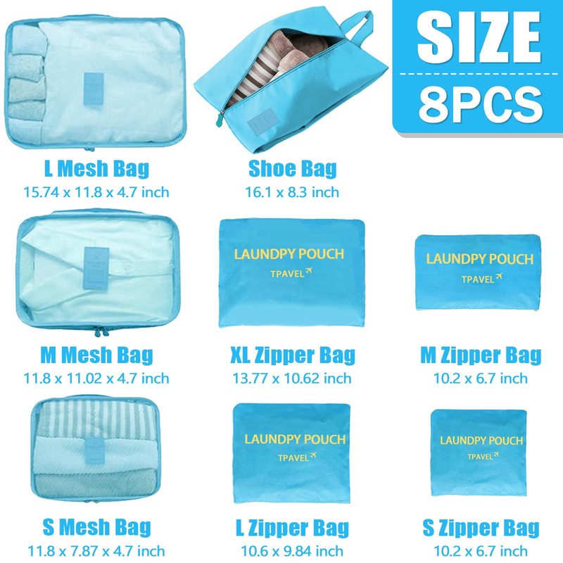 8 Set Packing Cubes for Travel Luggage Packing Bags Reusable
