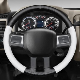 MEWANT Hand Sewn White Leather Steering Wheel Cover Wrap for Dodge RAM 2500 2009-2010 Steering Wheel Accessories for Dodge RAM 2500