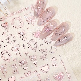 1 Sheets Rose Gold Valentine Nail Stickers for Nail Art 5D Self-Adhesive Embossed Heart Nail Art Stickers Cute Star Bow Nail Decals Valentines Nail Supplies Pink Nails Design Sticker for Women