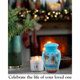 Immortal Memories Paradise Beach Keepsake Urn - Hand Painted Miniature Palm Trees Urn for Ashes With Velvet Case & Bag (Sky Blue)