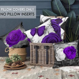 Okasion Set of 4 18x18 Flower Throw Pillow Covers Purple Rose Couch Bed Decorative Pillow Covers Dark Purple Grey Black Floral Square Pillow Cases Purple Linen Farmhouse Pillow Cover (Purple Black)