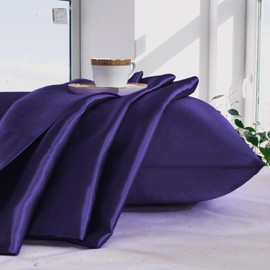 ROOEE Satin Silk Pillowcases for Hair and Skin 2 Pack Standard Size 50x75cm Envelope Closure Pillow Case (AUBERGINE)
