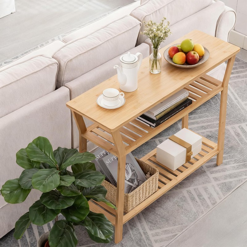 Nnewvante 38.6" Console Table, Bamboo Entryway Table with 3-Tier Storage