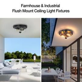 Flush Mount Ceiling Light with Seeded Glass Shade, Black Outdoor Porch Ceiling Light Fixtures 2-Light Farmhouse Outdoor Flush Mount Lights for Porch Ceiling, Hallway, Foyer, Entryway, Bathroom