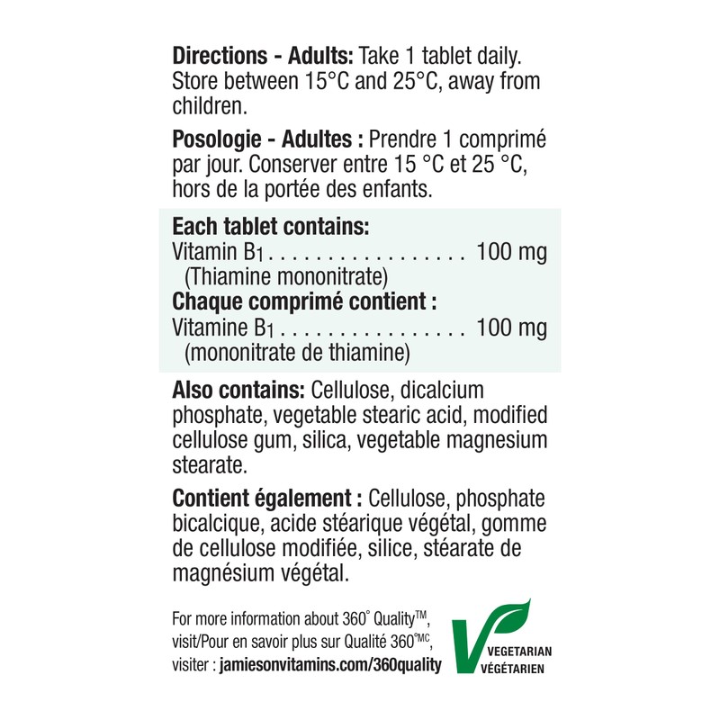 Jamieson Vitamin B1 (Thiamine) 100 mg, 100 tablets