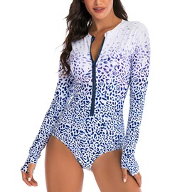 YATEEN Women's UPF 50+ Rash Guard One Piece Long Sleeve Swimsuit with Zipper White/Blue