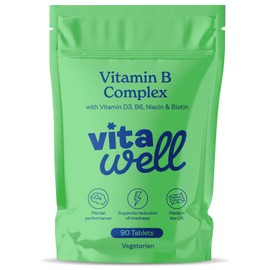 Vitawell Vitamin B Complex with Vitamin D3 | Energy, Tiredness & Fatigue Support | 3 Month Supply | High Strength B1, B2, B6, B12 | UK Made (90 Tablets)