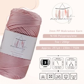 Makromecity 2 Skeins Macrame Yarn 2 mm x 230 m, Premium Polyester Macrame Cord, Polypropylene Yarn for Crafts, Home Decorations, Place Mat, Shoulder Bag, Handbag, Runner, Comforter, Chain, 20 Colours
