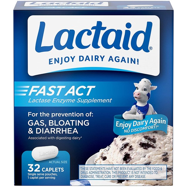Lactaid Fast Act Lactose Intolerance Relief Caplets with Lactase Enzyme to Prevent Gas, Bloating & Diarrhea Due to Lactose Sensitivity, Ideal for Travel & On-the-Go, 32 Packs of 1-count
