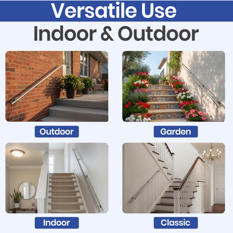 3FT Aluminum Handrail Kit for Indoor/Outdoor Stairs (2–18 FT Available)
