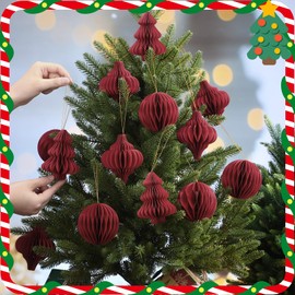 15 Pcs Burgundy Christmas Tree Decorations 3D Mini Paper Honeycomb Lantern Hanging Ornaments for Christmas Tree Xmas Party New Years Home Decor
