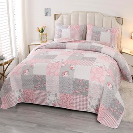 VIVILINEN Pink Plaid Patchwork Quilt Set Full Queen Size Floral Rversible Quilted Bedspread Coverlet Set 3-Piece Grey Grid Flowers Lightweight Comforter Bedding Set Bed Sheet Cover Blanket with 2 Pillow Shams