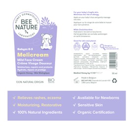 Bee Nature Baby Face Cream - Organic Honey - Relieves Rashes, Eczema - Moisturises and Repairs - 100% Natural - Suitable for Newborns with Dry, Sensitive Skin - 50ml