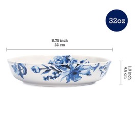 Bico Watercolor Blue Flower Ceramic 32oz Scalloped Dinner Bowls, Set of 4, for Pasta, Salad, Cereal, Soup & Microwave & Dishwasher Safe