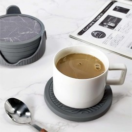 Silicone Coasters 6 Pack with Deep Tray Holder - 2 Sided Drinking Coasters - Cup Mat for Drinks - Live for Hot or Cold Drink Thickened, Non-Slip, Non-Stick, Silicone and Felt Insert