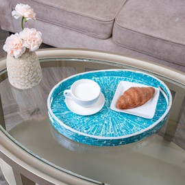 PEMAR 15.7" x 11.8" Oval Capiz Shell Serving Tray, Decorative Ottoman Tray for Living Room, Coffee Table, Breakfast in Bed, Candle Display (Teal Sunlight)